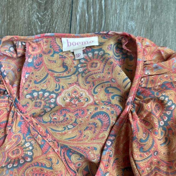 Boemo Boho Paisley Maxi Dress Smocked Waist Tassel Tie Tiered Ruffle Long Sleeve - Picture 3 of 4